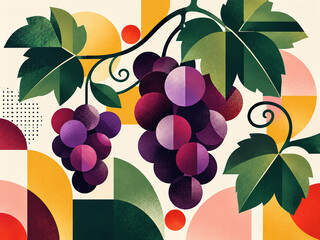 Obraz premium Stylized purple grape clusters with vine leaves in a colorful mid century geometric fruit composition.