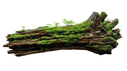 Weathered moss-covered driftwood log with small ferns, isolated on transparent background © STUDIOP