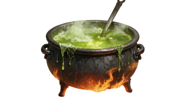Bubbling green potion in a cauldron with a metal spoon, isolated on transparent background