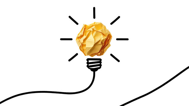 Crumpled yellow paper ball as light bulb filament, isolated on transparent background