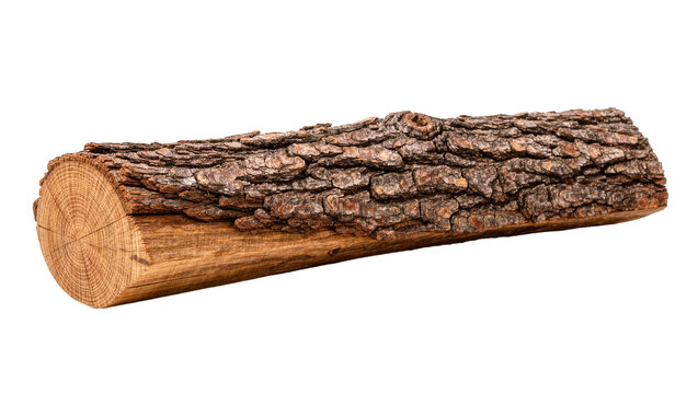 Rough bark textured oak log with visible growth rings, isolated on transparent background