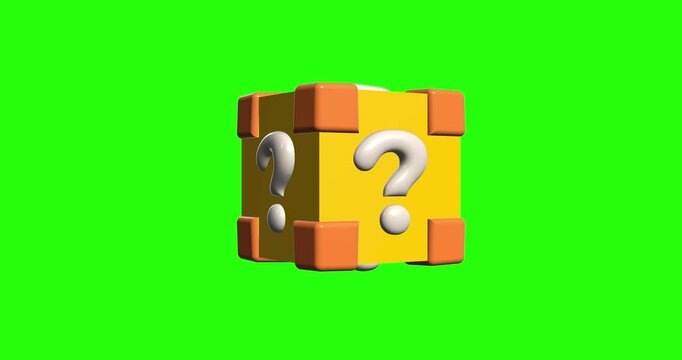 3D Animation of a Rotating Yellow Mystery Question Mark Block with Orange Corners Isolated on a Green Screen for Creative Video Game Content.