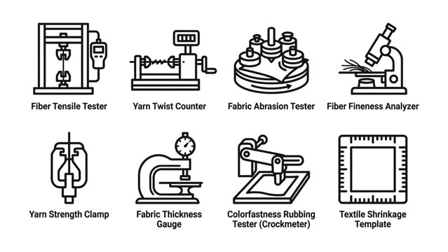 Textile Testing Equipment Icons: A collection of monochrome line icons representing various textile testing instruments, including tensile testers, twist counters, abrasion testers, and more.