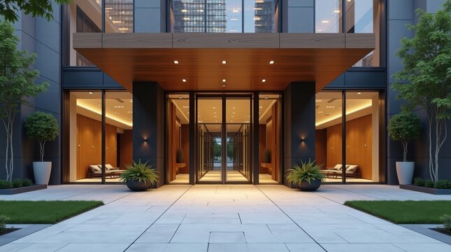 Vista frontal de la elegante entrada de una sede corporativa, con puertas monumentales de vidrio bajo una gran marquesina de madera