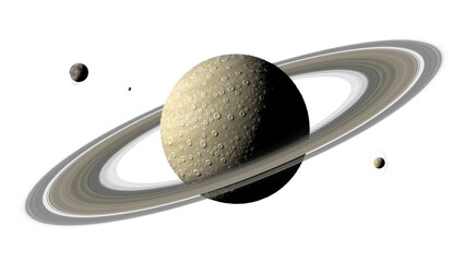 Ringed gas giant planet with multiple moons, isolated on transparent background © STUDIOP