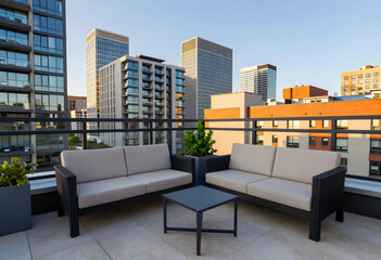 Obraz premium Urban lifestyle and real estate investment, modern rooftop terrace with outdoor furniture overlooking city skyscrapers at sunset for luxury living