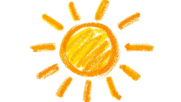 Childlike crayon drawing of a bright yellow sun with orange rays, isolated on transparent background