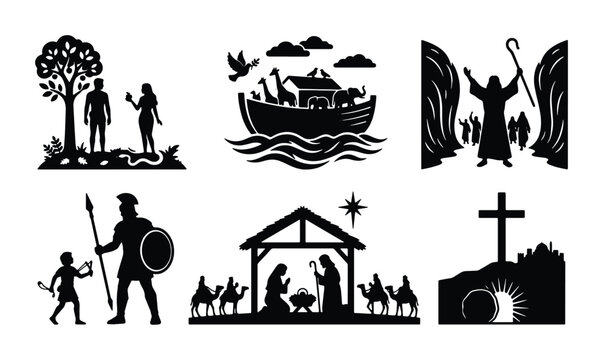 Biblical Scenes Vector Icons: Creation, Noah's Ark, Exodus, David & Goliath, Nativity, Resurrection