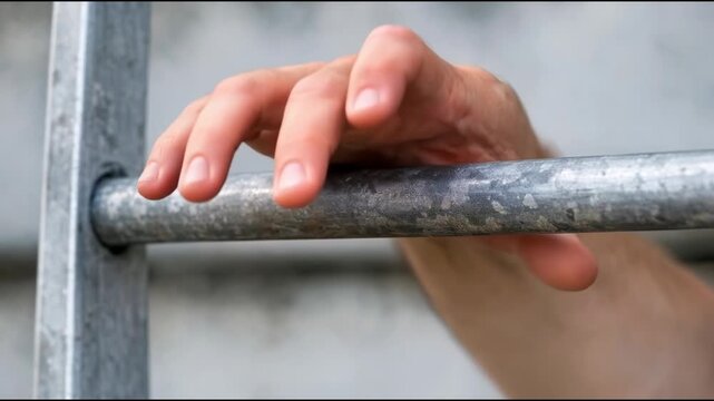 A person holding onto a metal bar with his hand, perhaps in a state of uncertainty or desperation
