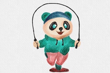 Cute panda character jumping rope, hand-drawn crayon style illustration © Yur
