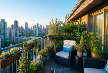 Fototapeta premium Urban lifestyle and city living, cozy apartment balcony with plants and skyline view at sunset for relaxation and home comfort in a metropolitan area