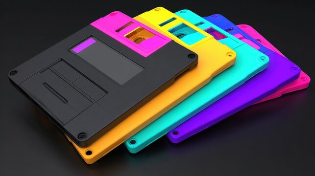 Vibrant Stack of Colorful Diskettes Isolated on Transparent Background