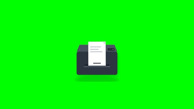 Flat style illustration animation of a printer machine on green screen background footage