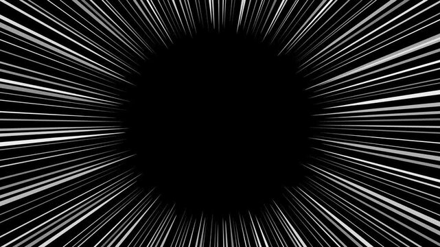 Manga concentration lines seamless loop on black background, white tapered radial lines converging to empty center, 4K comic action motion graphic overlay