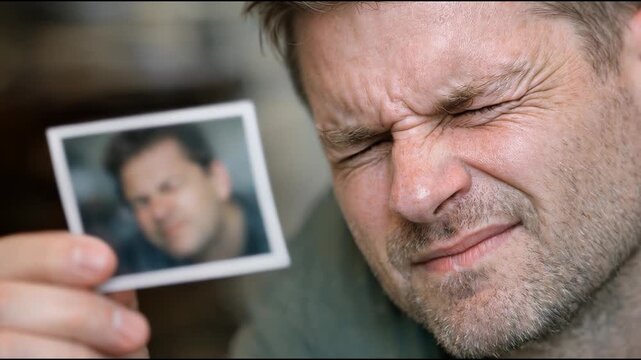 A man holding a photo of himself, a candid moment of self-reflection