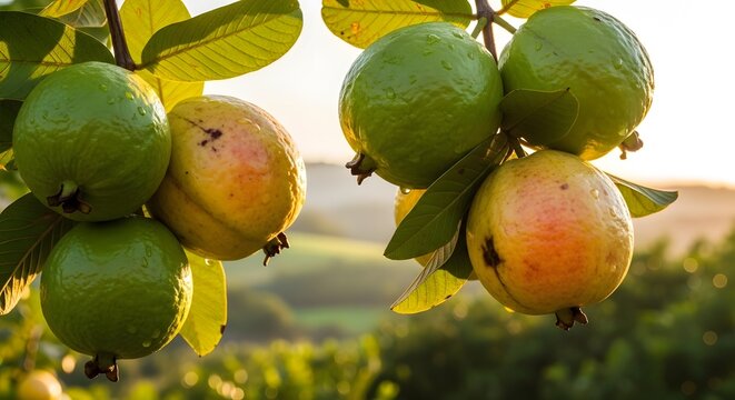 Close up of ripening mangoes hanging from a tree branch in warm sunlight