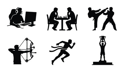 Sports and Games Icons: Gaming, Chess, Martial Arts, Archery, Running, Trophy Winner Vector Set © Mitu