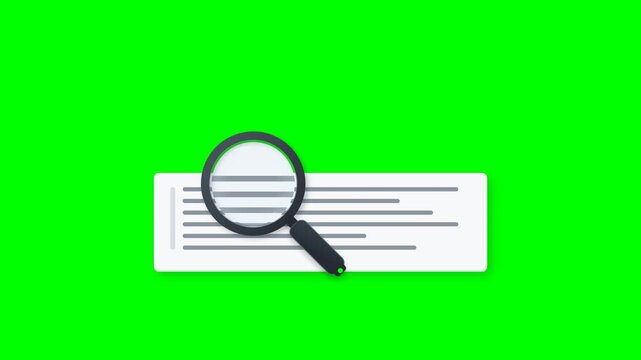 Motion graphics footage showing a magnifying glass searching through a document on green screen.