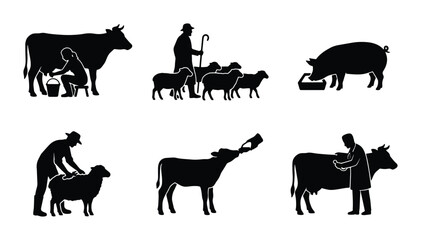 Fototapeta premium Farm Animal Care Icons: Livestock Husbandry, Milking Cow, Shepherd, Pig Feeding, Sheep Grooming, Veterinary Vector Set