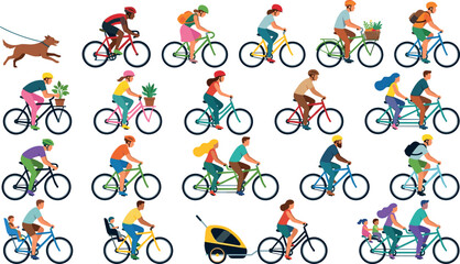 Obraz premium Diverse Cyclists Riding Bicycles Vector Set Featuring Tandem Bikes Family Cycling with Kids Trailer and Commuters for Urban Transport Graphic Design Projects