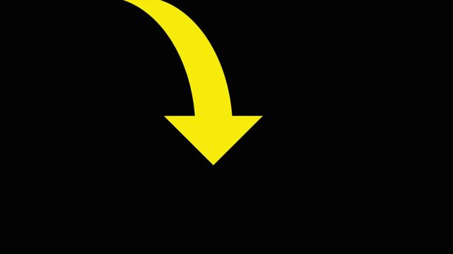 Simple yellow curved arrow pointing down isolated on a black background