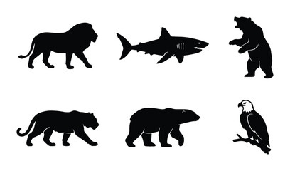 Obraz premium Wild Animal Silhouettes: Lion, Shark, Bear, Panther, Polar Bear, Eagle Icons for Nature and Wildlife Graphics