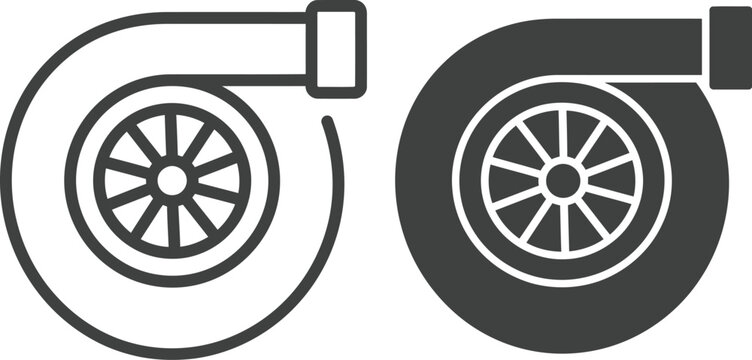 Turbocharger engine part vector graphic icons showing linear outline and solid black silhouette design set collection