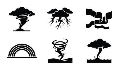 Obraz premium Set of 6 Weather Icons: Tornado, Lightning Storm, Aurora, Rainbow, Cyclone, Waterspout Vector Graphics