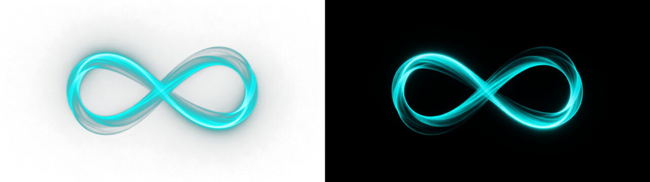 Glowing cyan infinity symbol with light trails, futuristic loop sign in neon blue, abstract mathematical eternity icon for technology and science isolated on Transparent Background