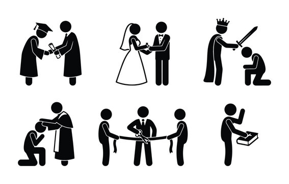 Stick Figure Icons: Graduation, Wedding, Knighthood, Ordination, Ribbon Cutting, and Prayer Vector Set