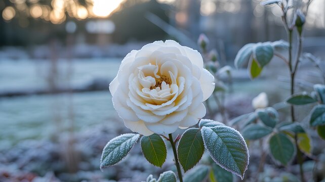 Close up of a white and pale yellow rose in soft focus with blurred background