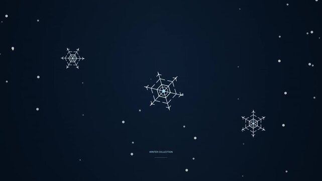 A clean 2D vector motion graphics animation featuring delicate white geometrical snowflakes rotating and floating gently alongside soft falling snow dots