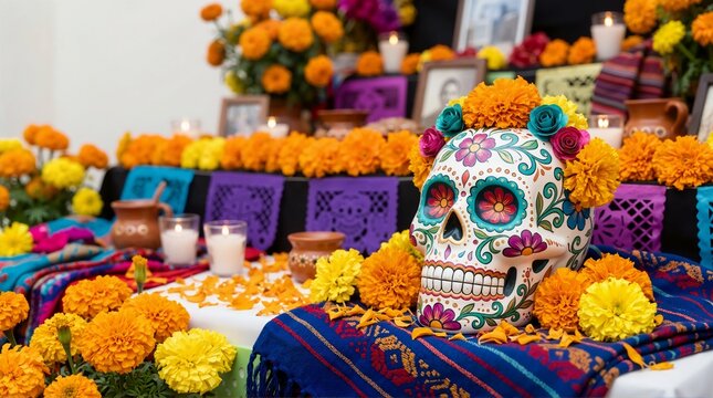 Painted sugar skull calavera on Day of the Dead altar. Mexican Dia de los Muertos ofrenda with orange marigolds, candles and papel picado