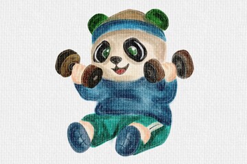 Cute panda character lifting dumbbells, hand-drawn crayon style illustration © Yur