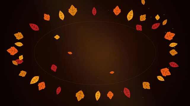 A cozy 2D vector motion graphics animation featuring a thin oval line frame surrounded by a ring of colorful orange, red, and yellow autumn leaves floating and fluttering smoothly