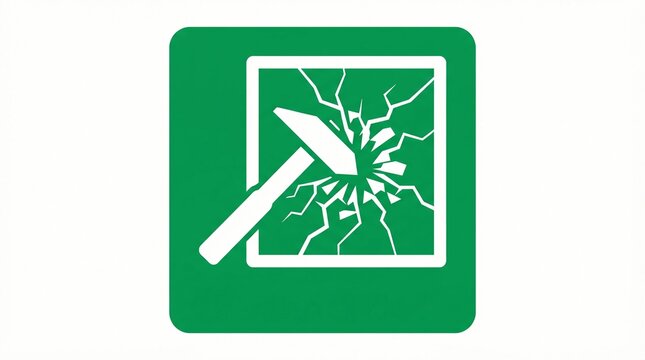 Emergency hammer breaking glass sign featuring a bold white icon on a vibrant green square background used for safety procedures in modern industrial facility environments