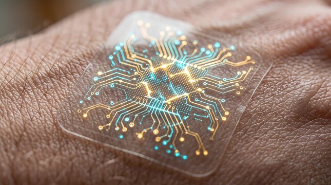 Flexible transparent biosensor electronic patch applied on human skin for continuous health monitoring and medical tech concept