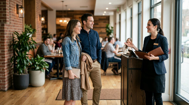 Restaurant hostess greeting guests at the entrance. Welcoming couple arriving for dinner reservation