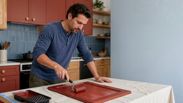 Man repainting kitchen cabinet door with roller. DIY home renovation and furniture restoration project