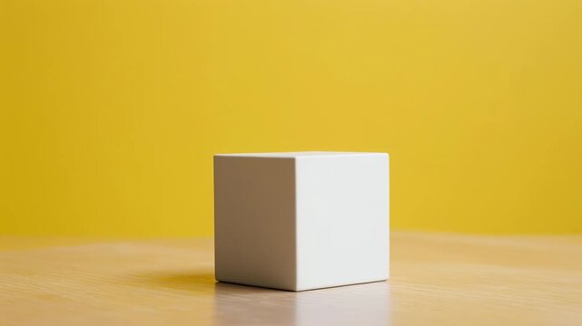 White cube rotating slowly on a wooden surface against a vibrant yellow background with soft shadow
