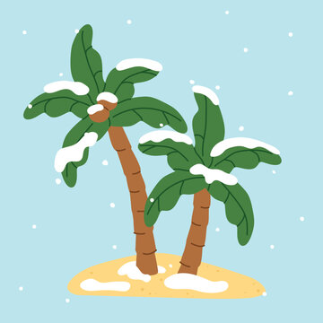 palm trees in the snow, winter vacation in tropics, surreal tropical winter concept- vector illustration