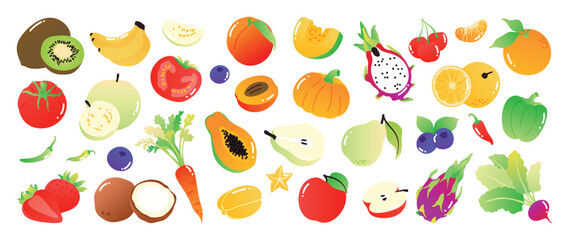 Obraz na płótnie Canvas Fruit and vegetable illustration collection. Vector kiwi, banana, peach, tomato, papaya, pumpkin, dragon fruit, citrus and coconut drawings for colorful food design.