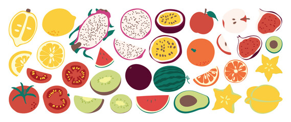 Obraz na płótnie Canvas Fruit illustration collection. Vector citrus, dragon fruit, passion fruit, tomato, kiwi, watermelon, avocado and star fruit slices in a colorful food set for menus and packaging.