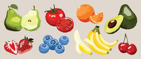 Obraz na płótnie Canvas Fruit illustration collection. Vector pear, tomato, orange, avocado, strawberry, blueberry, banana and cherry drawings in a playful colorful food set for menus and packaging.