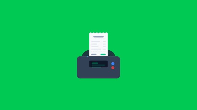 Animated motion graphics of a receipt printer printing a transaction bill on green background loop.