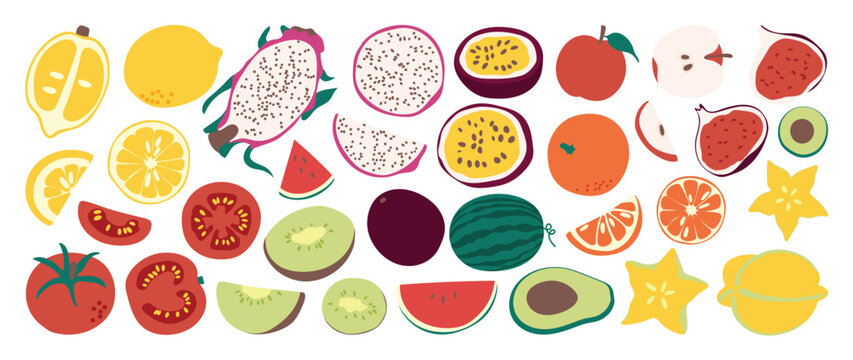 Fruit illustration collection. Vector citrus, dragon fruit, passion fruit, tomato, kiwi, watermelon, avocado and star fruit slices in a colorful food set for menus and packaging.