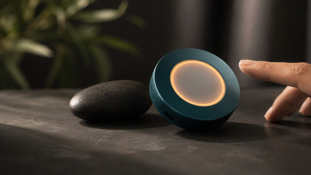 Smart home device with glowing ring light and finger about to touch it dark surface with stone and blurred plant background somatic product
