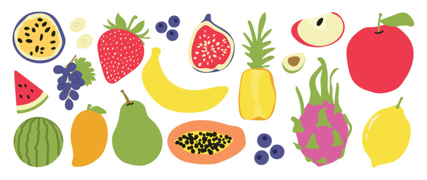 Fruit illustration collection. Vector strawberry, banana, apple, watermelon, mango, papaya, dragon fruit, passion fruit, pineapple and berries in a bright food design set.