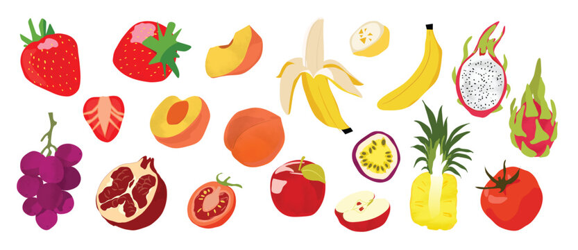 Fruit illustration collection. Vector strawberry, mango, banana, grape, peach, kiwi, pineapple, dragon fruit and tomato drawings in a bright colorful set for food design.