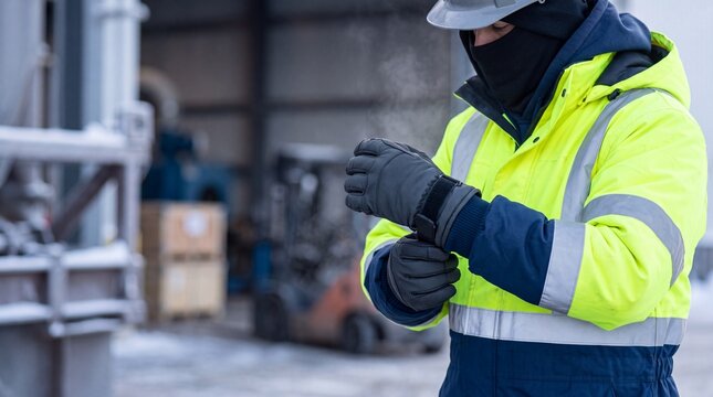 Industrial worker wearing a high visibility jacket and a hard hat adjusts his winter gloves with outdoor industrial environment gloves while working visibility gear construction